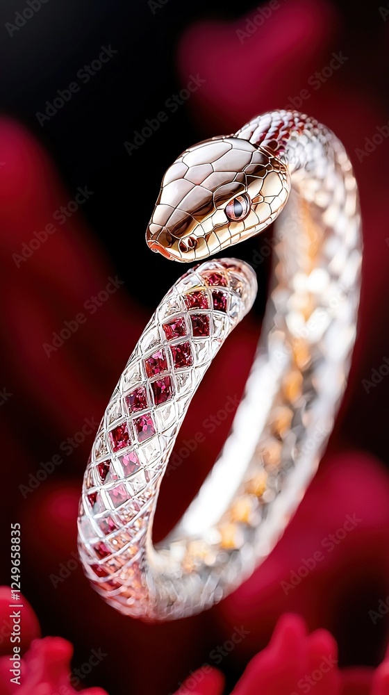 Poster a zoomed-in image of a snake's head resting on a ring with a vivid red blossom in the foreground