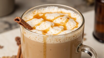 Indulge in a decadent Honey Oat Latte adorned with a shimmering golden honey drizzle and a rustic cinnamon stick Perfect for cozy vibes