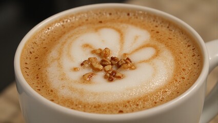 Indulge in a cozy image of a Velvety Hazelnut Honey Latte with frothy milk topped with crushed hazelnuts Perfect for coffee lovers