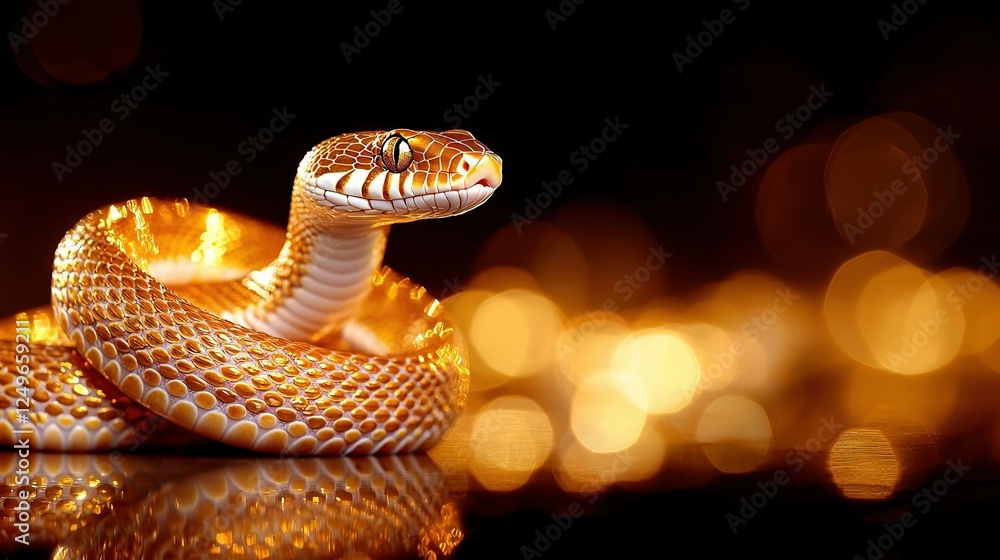 Poster a sharp focus on a snake atop a table, set against a softly blurred backdrop of ambient light