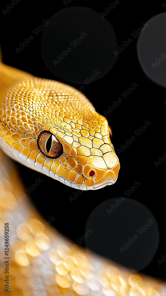 Poster a close-up of a yellow snake's head on a black background with circles of light in the background
