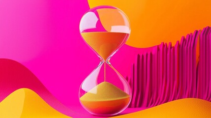 A striking hourglass filled with golden sand sits on a vibrant paper background in vivid shades of Viva Magenta. This artistic representation of time evokes contemplation and beauty