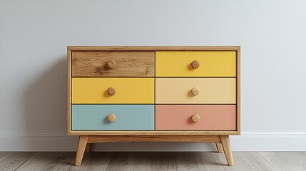 This charming kids dresser features a light wood finish and pastel-colored drawers. Perfect for organizing toys and clothing in a cheerful bedroom setting, it enhances any child's space