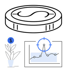 Large coin, plant with currency sign, and graph with a target icon represent financial growth, investment, analytics, business performance, and market strategy. Ideal for savings, finance concepts