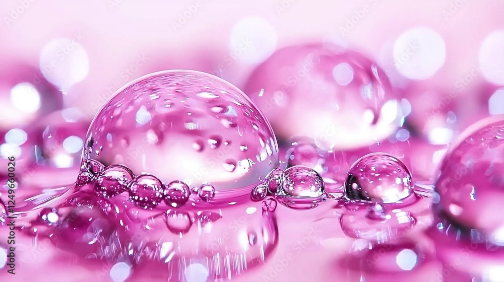 Poster a macro shot featuring a cluster of water drops on a pink background with a white speck in the cente