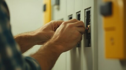 Close-up of a person's hands connecting a cable to an electrical panel in a workshop setting