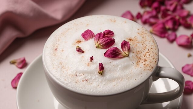 Luxurious rose petal latte with vanilla accents topped with delicate edible rose petals Perfect for elegant and sophisticated concepts