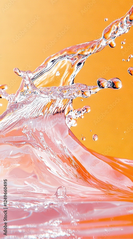 Poster an orange and yellow background with water splashing on the top and bottom of a wave