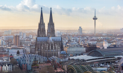 Fototapeta premium Aerial view over the Dom cathedral in the skyline of Cologne, Germany
