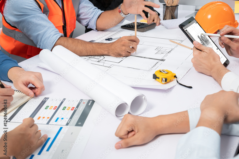 Aufkleber diverse group of civil engineer and client working together on architectural project, reviewing cons