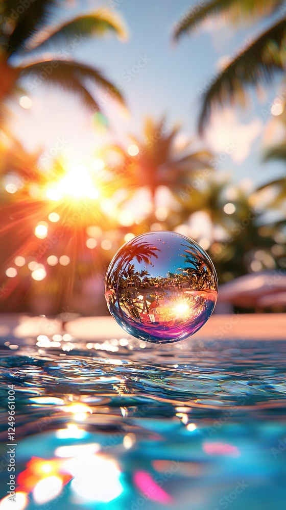 Poster a close-up of a pool with a palm tree and sunset reflected in a ball