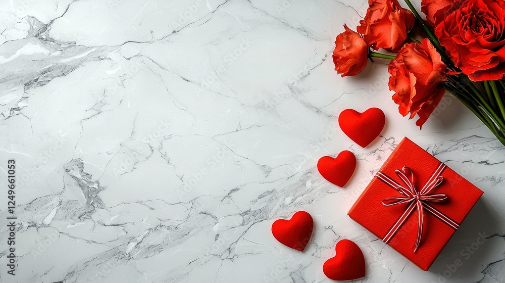 Poster   A cluster of red hearts is adjacent to a crimson box with a bow and an assortment of red roses