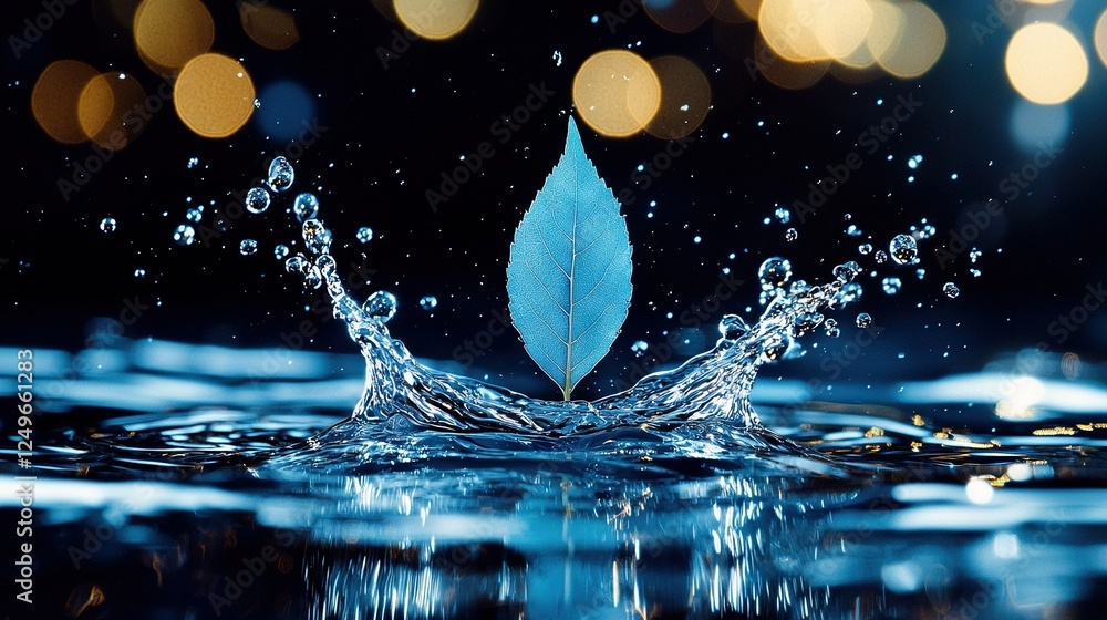 Poster a leaf floating on water with a splash at its base