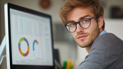 Focused man with glasses analyzing graphs on a desktop monitor, generative ai