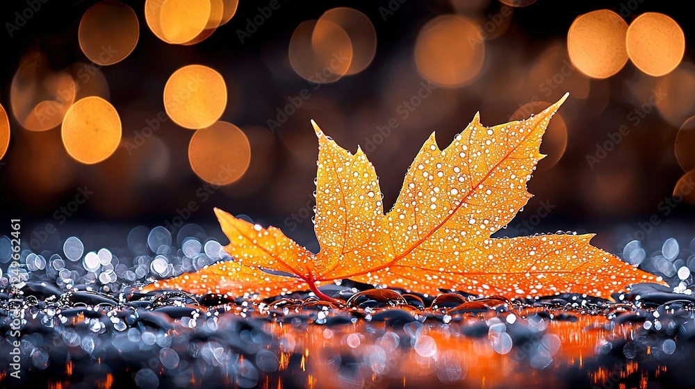 Poster a close-up of a wet leaf on a surface with bokeh in the background