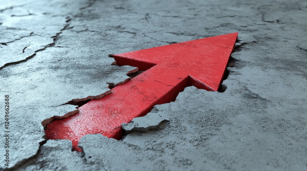 Poster red arrow breaks the gray concrete floor. challenge and start up concept. 3d rendering
