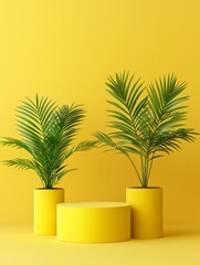 Fresh Green Plants on Yellow Podium for Product Display - A vibrant and minimalistic design featuring lush green plants in yellow pots set against a solid yellow background