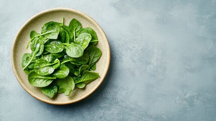 Obraz premium Fresh Spinach Leaves on Plate - A beautiful presentation of fresh spinach leaves on a ceramic plate against a textured background