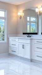 Stylish double vanity bathroom features chrome fixtures, black mirrors, and natural light illuminating the spacious area