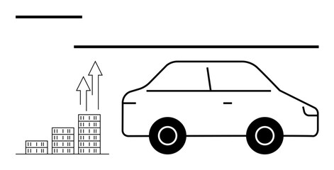 Fototapeta premium Minimalist car beside bar graph with upward arrows symbolizing growth, transportation, and progress. Ideal for business success, economic growth, transport innovation, startup vision, mobility