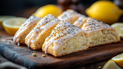 A mouthwatering lemon poppy seed cake sliced and drizzled with a sweet icing glaze, perfect for dessert lovers and a vibrant addition to any food photography collection.