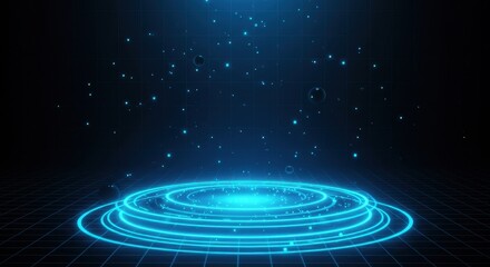 Fototapeta premium A glowing holographic platform emitting vibrant blue light in a digital environment