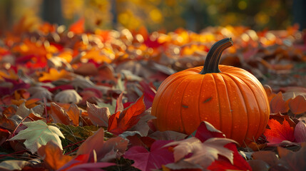 Harvest Season Serenity: A Pumpkin Among Autumn Leaves in a Rustic Outdoor Setting, Bathed in Sunlight