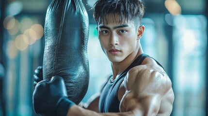 In a vibrant gym setting, a focused young Asian athlete delivers powerful punches to a sandbag, showcasing dedication to fitness and muscle strength. The atmosphere is energetic, emphasizing health