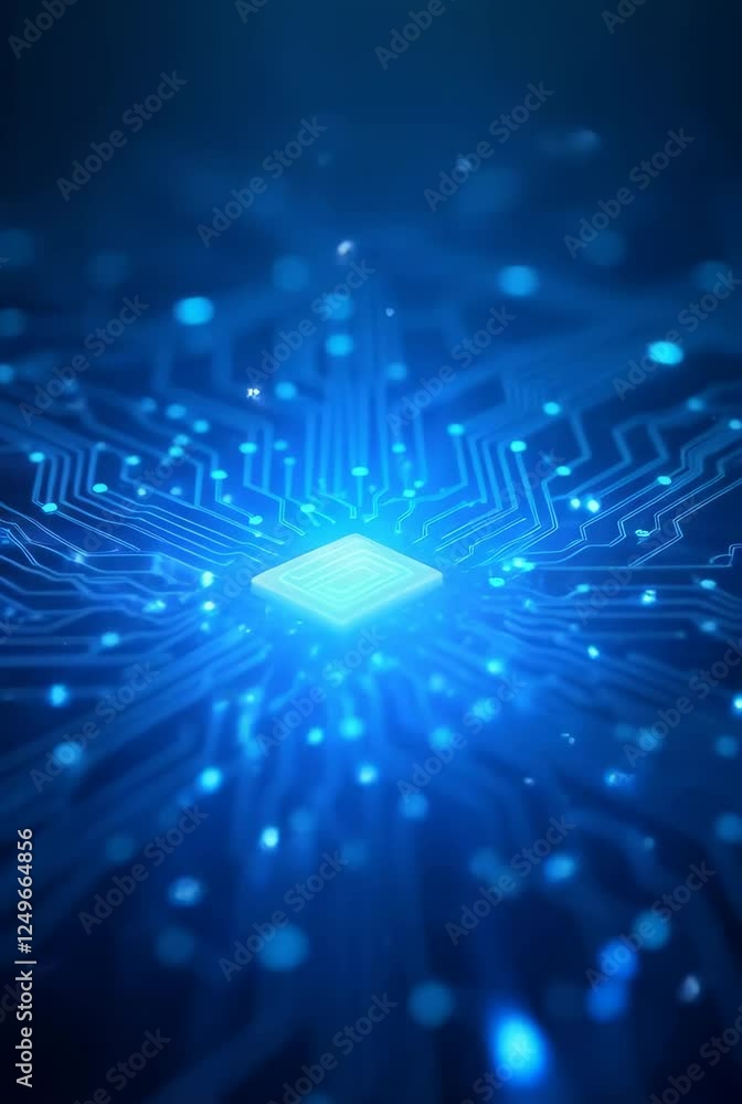 Poster glowing blue microchip with digital network connections on dark background. vertical video. computer