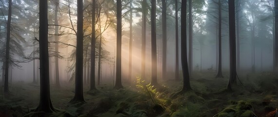 Obraz premium An enchanting panorama of a misty forest at dawn where trees rise majestically shrouded in fog postcard perfect in serene beauty