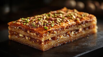 Rich layers of pistachio baklava presented tantalizingly on a dark plate, embodying a perfect blend of sweetness, crunch, and tradition in every bite.