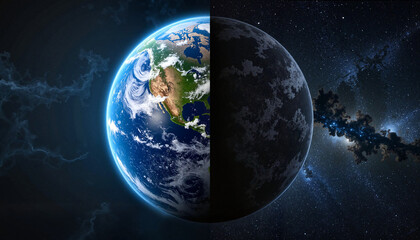 Obraz premium Split Earth showing day and night, cosmic balance and harmony