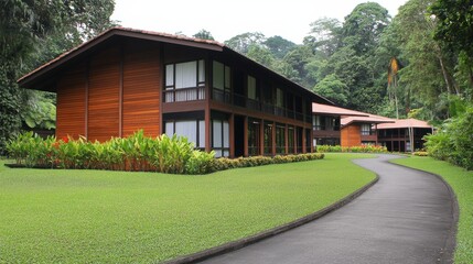 Obraz premium Modern wooden lodge nestled in lush tropical forest, showcasing serene landscape and pathway