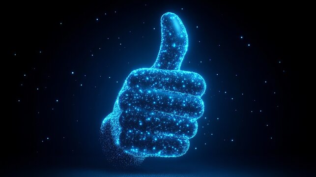 A digital representation of a glowing thumbs-up gesture, symbolizing approval, positivity, and encouragement in a modern and artistic way.