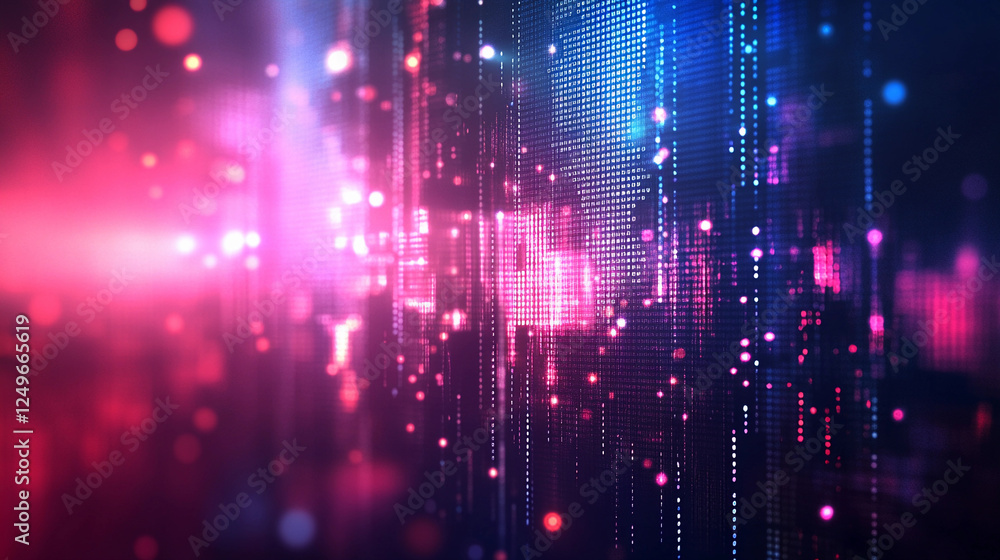 Poster abstract representation of technology and cryptocurrencies with vibrant colors and digital patterns.
