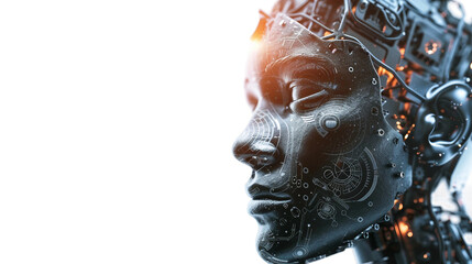 A woman's face is shown with a lot of wires and circuitry