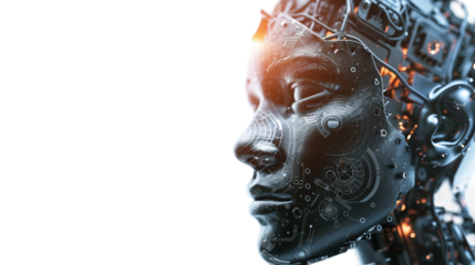 A woman's face is shown with a lot of wires and circuitry