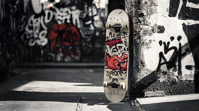 Vintage Skateboard with Bold 80s Graphics Leaning Against Graffi