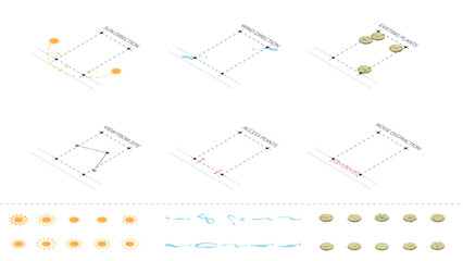 isometric architecture site analysis symbol icon element drawing graphic flat isolated vector. architecture element line sun wind sound sun path vegetation.