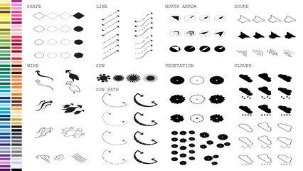 isometric architecture site analysis symbol icon element drawing graphic flat isolated vector. architecture element line sun wind sound sun path vegetation.