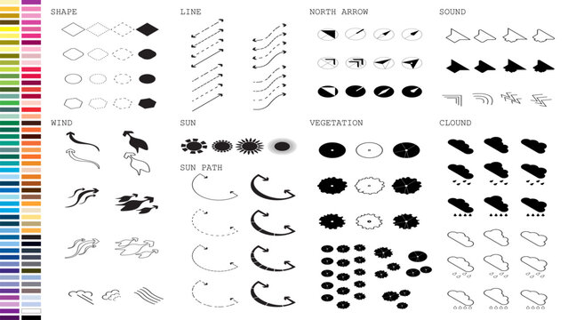 isometric architecture site analysis symbol icon element drawing graphic flat isolated vector. architecture element line sun wind sound sun path vegetation.