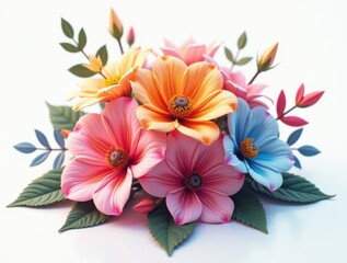 Obraz premium A stunning bouquet of fresh colorful flowers arranged elegantly on a white background, showcasing natural beauty and delicate petals.