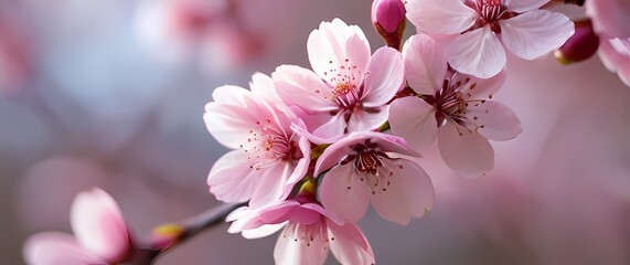 Obraz premium An enchanting closeup of delicate pink cherry blossoms against a soft blurred background showcasing viewers the beauty of fleeting moments