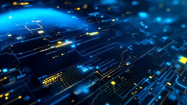 Digital technology circuit board with glowing blue neon lights and yellow dots. Abstract technology background for Cyber Monday, Black Friday, Digital Day. Modern hi tech futuristic concept
