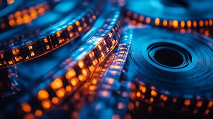 A stunning close-up of illuminated film reels, creating a mesmerizing effect with warm tones that capture the essence of cinema and nostalgia in film production.