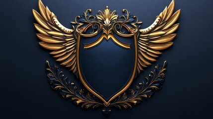 Fototapeta premium A beautifully designed golden crest adorned with intricate wings and floral motifs, symbolizing elegance, power, and artistic craftsmanship in decorative arts.