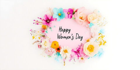 Floral wreath with colorful flowers encircling a pink background and Happy Womens Day message in elegant script
