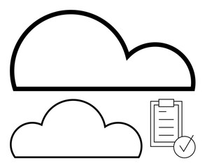 Large and small cloud outlines paired with a checklist and checkmark, representing data storage, organization, and task completion. Ideal for technology, productivity, success, organization, file