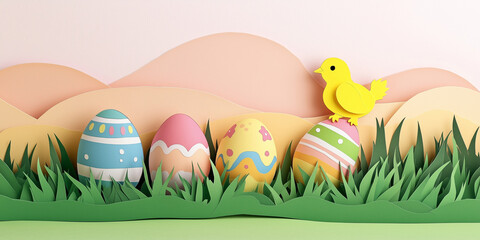 Paper cut spring landscape with colorful decorated easter eggs in grass and yellow chick, papercraft