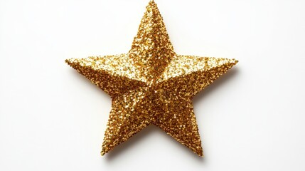 A shiny gold glitter star on a white background, ideal for decoration.